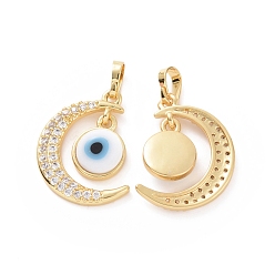 White Brass Micro Pave Cubic Zirconia Pendants, with Handmade Evil Eye Lampwork, Crescent Moon Charm, Real 18K Gold Plated, White, 23x16x4mm, Hole: 4x6mm