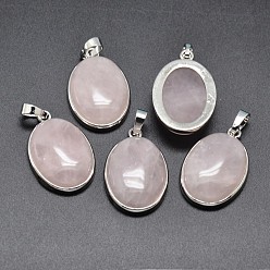 Rose Quartz Oval Platinum Plated Brass Gemstone Pendants, Cadmium Free & Lead Free, 31x20x7.5mm, Hole: 5x8mm