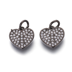 Черный Цвет Металла Брелки из экологически чистой латуни с микропаве и кубическим цирконием, без свинца и без кадмия, прозрачные, сердце, металлический черный , 10.5x10.5x1.5 мм, отверстие : 3 мм