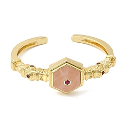 Розовый Кварц Женские шестиугольные латунные браслеты-манжеты с натуральным розовым кварцем и кубическим цирконием, украшенные инкрустацией., золотые, внутренний диаметр: 1.89x2.34 дюйм (4.8x5.95 см), широкий: 25 мм.