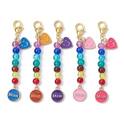Mixed Color Mother's Day Flat Round with Word Mom & Heart Alloy Enamel Pendant Decorations, Glass Beads and Lobster Claw Clasps Charm, Mixed Color, 76mm