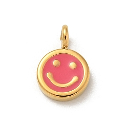 Светло-Вишневый Ионное покрытие (ip) 304 брелоки из нержавеющей стали с эмалью, реальный 14 k позолоченный, плоский круглый шарм с улыбающимся лицом, светло-вишневый, 9x6x1.5 мм, отверстие : 1.6 мм