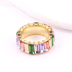 Qian Cai Stylish Copper Plated Colorful Crystal Ring with Zircon Stones - European and American Fashion Jewelry