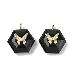 Обсидиан Ограненные подвески из натурального обсидиана, Шестиугольные подвески с латунной паве из прозрачных кубических цирконий в форме бабочки, реальный 18 k позолоченный, долговечный, стойки покрытие, 22x19x10 мм, отверстие : 3.5x2 мм