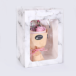 WhiteSmoke Flower Bouquet Paper Gift Bags, Portable Kraft Paper Tote Shopping Bag, with PVC Transparent Window and Handles, Party Gift Wrapping Bags, Rectangle with Marble Pattern, WhiteSmoke, 18x13x25cm