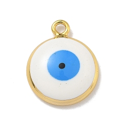 Белый Подвески из латуни с эмалью в стойку, долговечный, без свинца и без кадмия, реальный 18 k позолоченный, плоский круглый с рисунком сглаза, белые, 15x12x3.5 мм, отверстие : 1.5 мм