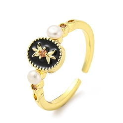 Real 14K Gold Plated Natural Pearl Flower Open Cuff Ring, Brass Enamel Finger Ring with Cubic Zirconia, Real 14K Gold Plated, US Size 7 1/2(17.7mm)