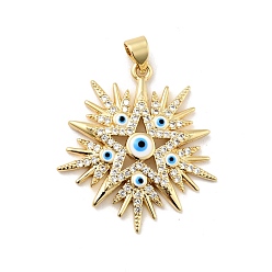 White Rack Plating Brass Micro Pave Clear Cubic Zirconia Pendants, with Enamel, Cadmium Free & Lead Free, Star with Evil Eye, Real 18K Gold Plated, White, 29x26x3.8mm, Hole: 3x3.5mm