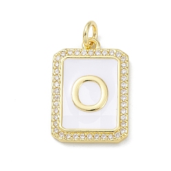 Letter O Brass Enamel Micro Pave Clear Cubic Zirconia Pendants, with Jump Ring, Real 18K Gold Plated, Rectangle Charm, Letter O, 20x13.5x2mm, Hole: 3.4mm