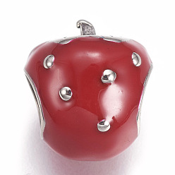 Antique Silver 304 Stainless Steel European Beads, with Enamel, Large Hole Beads, Strawberry, Red, Antique Silver, 12x11x10mm, Hole: 5mm