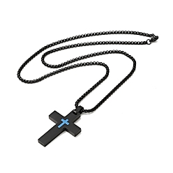 Blue 304 Stainless Steel Cross Pendant Nceklace with Box Chains for Men Women, Blue, 23.54 inch(59.8cm)