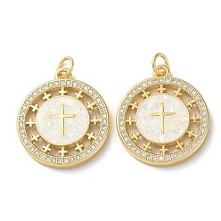 Flat Round Brass Micro Pave Clear Cubic Zirconia Pendants, with Synthetic Opal and Jump Ring, Real 18K Gold Plated, Cross, Flat Round, 23x20x3mm, Hole: 3.6mm