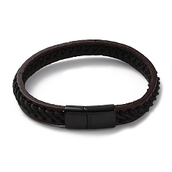 Coconut Brown Leather Braided Cord Bracelet, with 304 Stainless Steel Magnetic Clasps for Men Women, Coconut Brown, 8-3/8 inch(21.4cm)