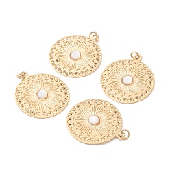 White Shell White Shell Pendants, with Ion Plating(IP) Golden Tone 304 Stainless Steel Findings, Flat Round, 24.5x21x3mm, Jump Ring: 4x0.6mm, 2.8mm Inner Diameter