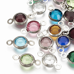 Mixed Color 304 Stainless Steel Links connectors, with Glass, Flat Round, Stainless Steel Color, Mixed Color, 15x8.5x4mm, Hole: 1.5mm