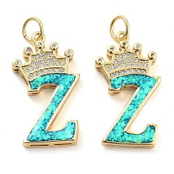 Letter Z Латунные микропаве прозрачные подвески с фианитом, с синтетическим опалом, реальный 18 k позолоченный, с целью перехода в кольце, Письмо Z, 26.5~33x14~23.5x3.5~4.5 мм, отверстие : 4.5 мм