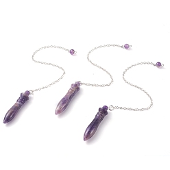 Amethyst Natural Amethyst Pointed Dowsing Pendulums, with Brass Cable Chains, Bullet, 238~255mm, Hole: 2.5mm, Pendants: 53x12mm