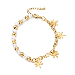 Golden 201 Stainless Steel Dragonfly Charm Bracelet, Plastic Pearl Beaded Bracelet with Vacuum Plating 304 Stainless Steel Cable Chains for Women, Golden, 7-1/2 inch(19cm)