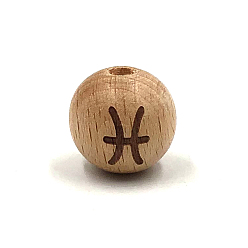 Pisces Beech Wood Beads, Laser Engraved Bead, Round with Constellation Pattern, BurlyWood, Pisces, 16mm, 15pcs/bag