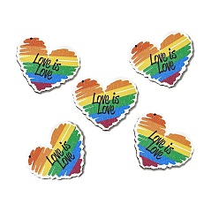 Colorful Rainbow/Pride Flag Theme Single Printed Aspen Wood Pendants, Heart with Word Love Is Love Charm, Colorful, 41.5x49.5x2.5mm, Hole: 1.6mm