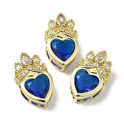 Marine Blue Rack Plating Brass Cubic Zirconia Pendants, with Glass, Long-Lasting Plated, Lead Free & Cadmium Free, Real 18K Gold Plated, Heart, Marine Blue, 21.5x13x8mm, Hole: 6x3mm and 4.5x3mm
