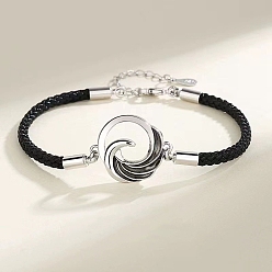 Черный Браслеты из латунных звеньев для мужчин, форма волны, с плетеным кожаным шнуром, чёрные, 7-1/8 дюйм (18 см)