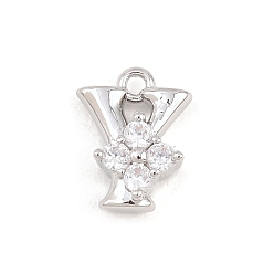 Letter Y Латунные микропаве прозрачные кубические циркониевые подвески, долговечный, стойки покрытие, платина, без кадмия и без свинца, Письмо Y, 10x8x3.5 мм, отверстие : 1.2 мм