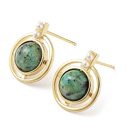 Synthetic Turquoise Dyed Synthetic Turquoise Half Round Dangle Stud Earrings, Real 18K Gold Plated Brass Earrings, Cadmium Free & Lead Free, Green, 16x13mm
