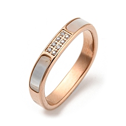 Rose Gold Ion Plating(IP) 304 Stainless Steel Rectangle Finger Ring, with White Shell and Cubic Zirconia, Rose Gold, Inner Diameter: 17mm