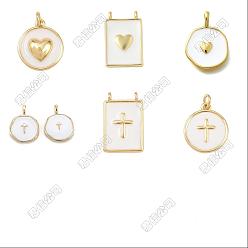 White 12Pcs 6 Styles Brass Enamel Pendants, with Jump Ring, Flat Round Charms, Lead Free & Cadmium Free, Long-Lasting Plated, Real 18K Gold Plated, Rack Plating, White, 16.5~18.5x11.5~14x1.5~3mm, Hole: 1.2~4mm, 2pcs/style 