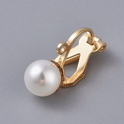 Golden Brass Clip-on Earring Findings, with Acrylic Imitation Pearl and Loop, Golden, 18x6.5x9.5mm