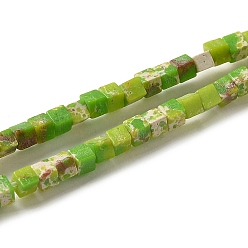 Yellow Green Synthesis Imperial Jasper Beads Strands, Dyed, Cube, Yellow Green, 2~2.5x2.5~3.5x2.5~3mm, Hole: 0.4mm, about 157~165pcs/strand, 14.96~15.75''(38~40cm)