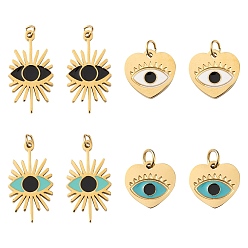Mixed Color 8Pcs 4 Style 316 Surgical Stainless Steel Enamel Pendants, with Jump Rings, Golden, Evil Eye & Heart with Evil Eye, Mixed Color, 9.5~16.5x9~10x1mm, Jump Ring: 2.7x0.4mm, Inner Diameter: 1.9mm, 2pcs/style