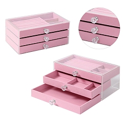 Pearl Pink Plastic Jewerly Organizer Case with 3 Velvet Drawers, for Earrings Necklaces Rings Storage, Rectangle, Pearl Pink, 13.5x23.5x11cm