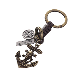 Anchor & Helm Punk Style Woven Cow Leather Alloy Pendant Keychain, for Car Key Pendant, Anchor & Helm Pattern, 11cm