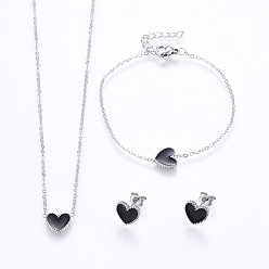 Stainless Steel Color 304 Stainless Steel Jewelry Sets, Pendant Necklaces & Stud Earrings & Bracelets, with Enamel, Heart, Stainless Steel Color, 16.93 inch(43cm), 7-1/8 inch(18cm), 9x10x2mm, Pin: 0.8mm