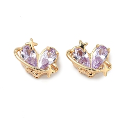 Лиловый Латунные бусины из фианита, планета-сердце со звездой, реальный 18 k позолоченный, сирень, 9x14x8 мм, отверстие : 1.5 мм