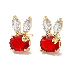 Red Rack Plating Real 18K Gold Plated Brass Rabbit Stud Earrings, with Glass, Long-Lasting Plated, Lead Free & Cadmium Free, Red, 17x10mm