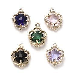Mixed Color Brass Pave Glass Connector Charms, Golden, Faceted, Flower Links, Mixed Color, 16x11.5x3.8mm, Hole: 1.4mm
