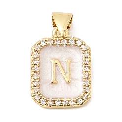 Letter N Латунные микропаве прозрачные подвески с фианитом, с эмалью, без кадмия и без свинца, долговечный, стойки покрытие, реальный 18 k позолоченный, Письмо N, 16.5x12x2 мм, отверстие : 4x3 мм