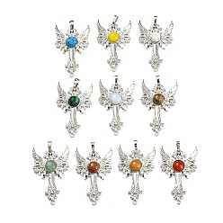 Mixed Stone Natural & Synthetic Mixed Gemstone Big Pendants, Cross with Wing Charms, with Platinum Plated Brass Findings, Mixed Dyed and Undyed, 52.5x32x7~7.5mm, Hole: 4x8mm & 2mm