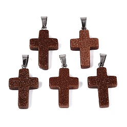 Goldstone Synthetic Goldstone Pendants, with Stainless Steel Snap On Bails, Cross, 29~30x18~19x5~6mm, Hole: 6x4mm