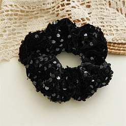 Black Sequin Cloth Elastic Hair Accessories, for Girls or Women, Scrunchie/Scrunchy Hair Ties, Black, 125x120mm