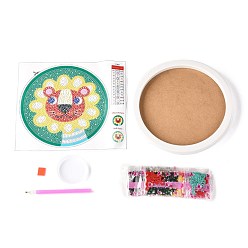 Lion DIY Diamond Painting Kits, with Plastic Round Photo Frame, Resin Rhinestones, Pen, Tray Plate and Glue Clay, Lion Pattern, 19.4x22.5x0.04cm