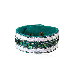 green Colorful Crystal Stone Bracelet - European and American Irregular Jewelry, Gemstone Leather Bracelet, Couple