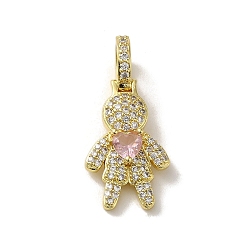 Pink Rack Plating Brass Micro Pave Clear Cubic Zirconia Pendants, Real 18K Gold Plated, Long-Lasting Plated, Lead Free & Cadmium Free, Human, Pink, 30.5x14x9mm, Hole: 5.5mm