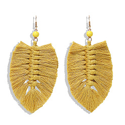 Tan-colored tassels Boho Tassel Earrings with Handmade Knitted Thread and Alloy Accents