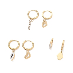 Golden 3 Pair 3 Style Tassel & Heart & Hamsa Hand Crystal Rhinestone Asymmetrical Earrings, Ion Plating(IP) 304 Stainless Steel Dangle Hoop Earrings for Women, Golden, 13.5~31mm, Pin: 1mm, 1 Pair/style