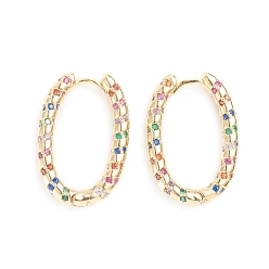 Colorful Brass Micro Pave Cubic Zirconia Huggie Hoop Earrings, Long-Lasting Plated, Oval, Colorful, 9 Gauge, 25.5x17.8x3mm, Pin: 1mm