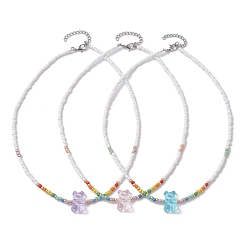 Mixed Color 3 PCS Bear Shape Acrylic Beaded Necklaces, with Glass Seed Beads, Mixed Color, 16.10 inch(40.9cm), 3pcs/set